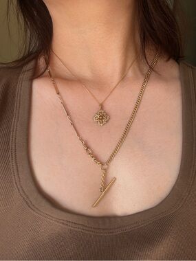 Vintage T-bar watch chain double dog clip gold filled necklace mid century